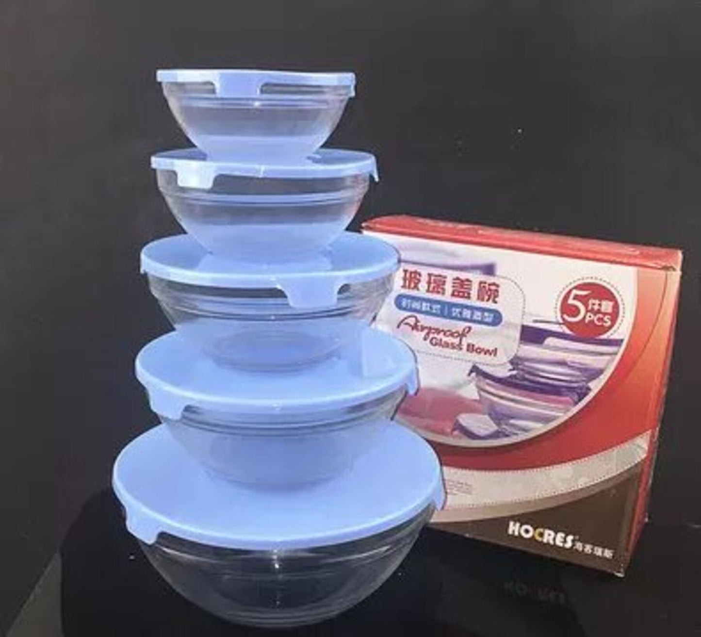 Bowl Set X5 Taper Apilable De Vidrio Con Tapa Plástica