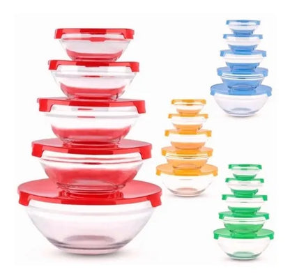 Bowl Set X5 Taper Apilable De Vidrio Con Tapa Plástica