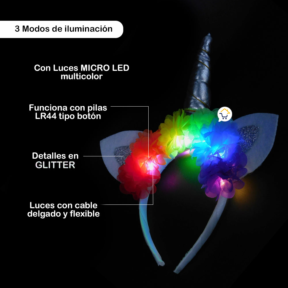 Diadema Tiara Unicornio Luz LED Floral Niñas Halloween OF364