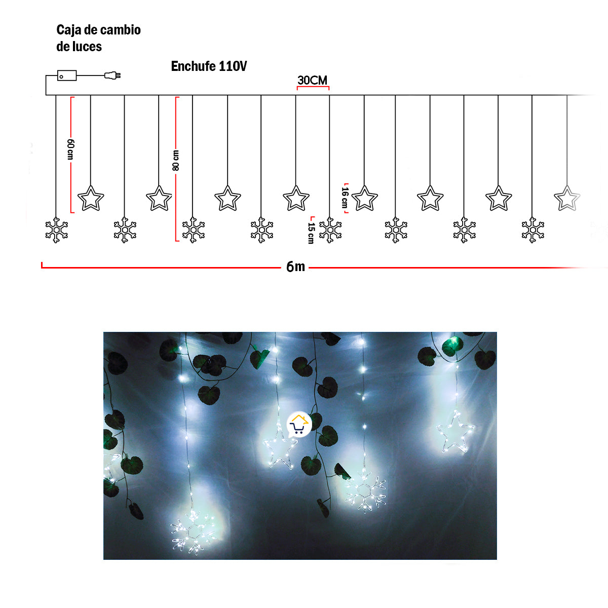 Luces Led Estrellas Y Copos 470 Luces 6m Navidad Blanca 1632A