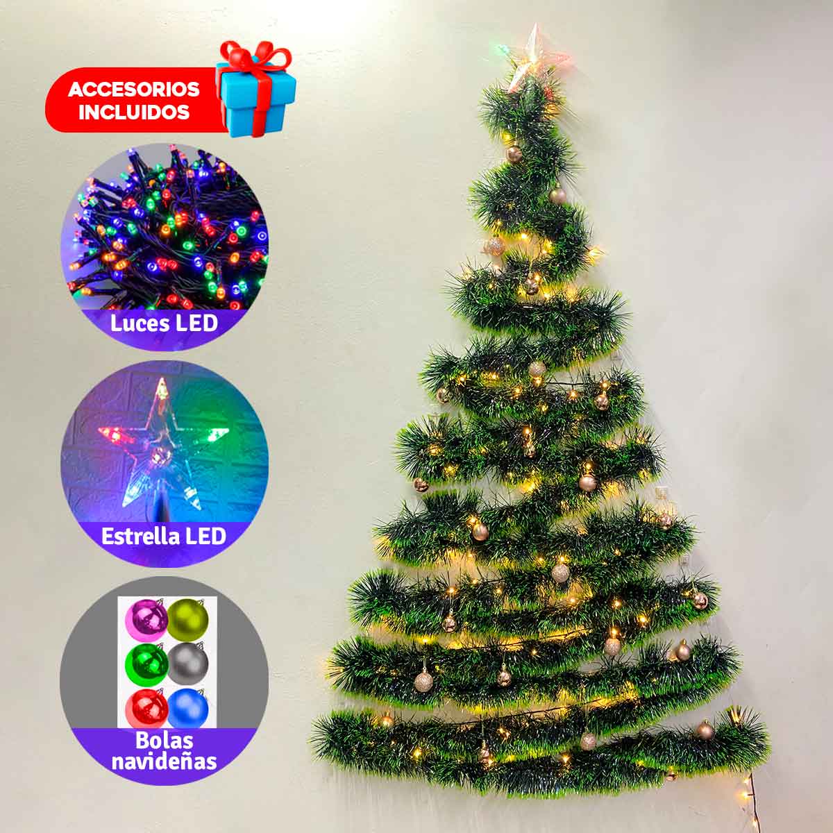 Árbol Navidad De Pared + Luces + Estrella + Decoracion GRATIS!